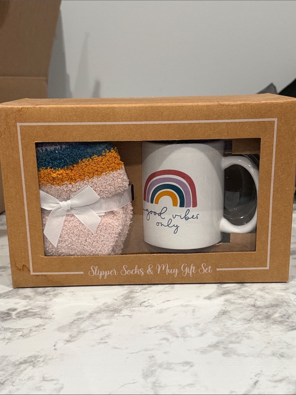 Rainbow Mug and Cozy Slippers Socks Gift Set NWT